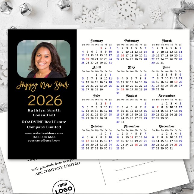 Business 2026 Calendar Modern Black Guld Glitter Helg Vykort (Skapare uppladdad)