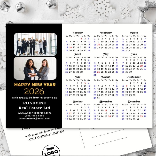 Business 2026 Calendar Modern Black Guld Glitter Helg Vykort (Skapare uppladdad)