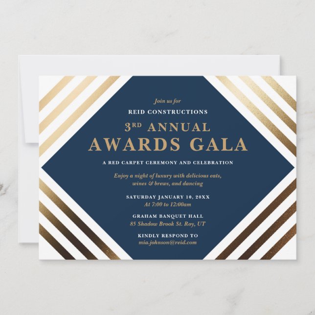 Business Awards Gala Elegant Guld & Navy Inbjudningar (Framsida)