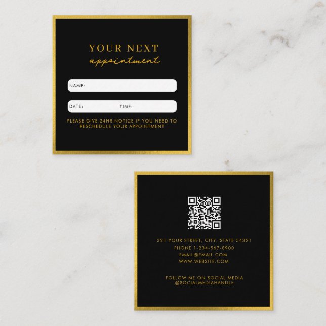 Business Beauty Appointation Card Black Guld Fyrkantigt Visitkort (Fram/baksida)
