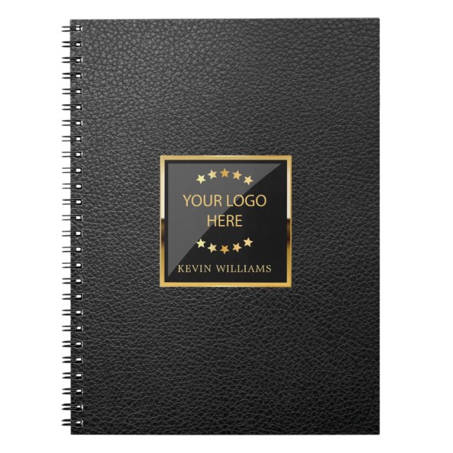 Business Black Faux Leather Logotyp Personlig Anteckningsbok (Framsidan)