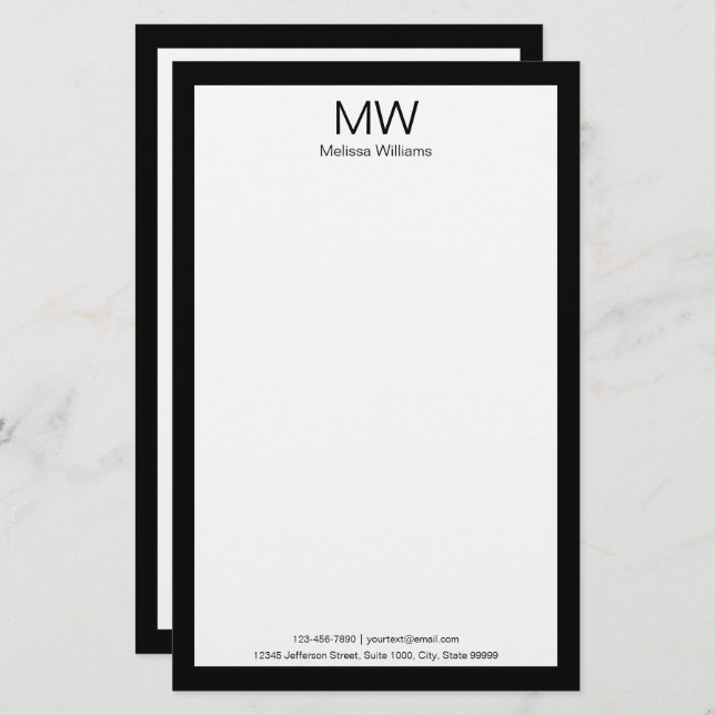 Business Black White Monogram Namn-kontaktinformat Brevpapper (Fram/baksida)