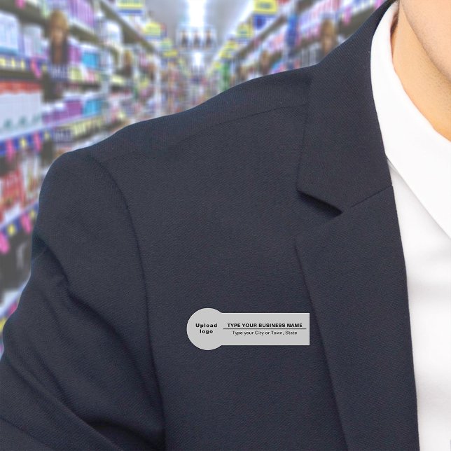 Business Brand on Grått Badge Shape Namn bricka Namnbricka (Build brand name awareness. Your business brand on gray badge shape name tag.)