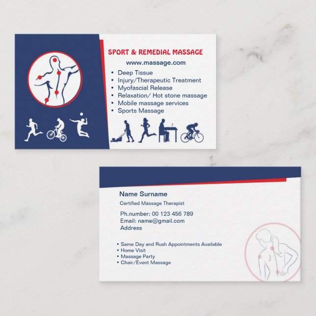 business card for SPORT & REMEDIAL MASSAGE Visitkort (Fram/baksida)