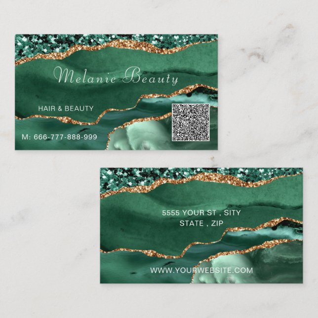Business Card-mall för Emerald Grönt Guld QR-kod Visitkort (Fram/baksida)