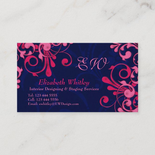 Business Card-mall för marint blått och Rosa Blomm Visitkort (Framsida)