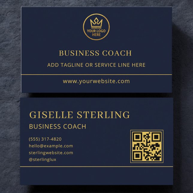 Business Coach Blå Guld Logo QR-kod Visitkort (Skapare uppladdad)