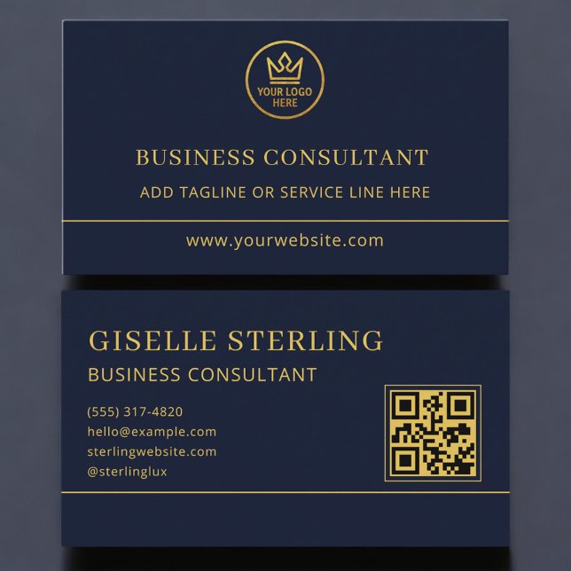 Business Consultant Blue Gold Logo QR Code Visitkort (Skapare uppladdad)