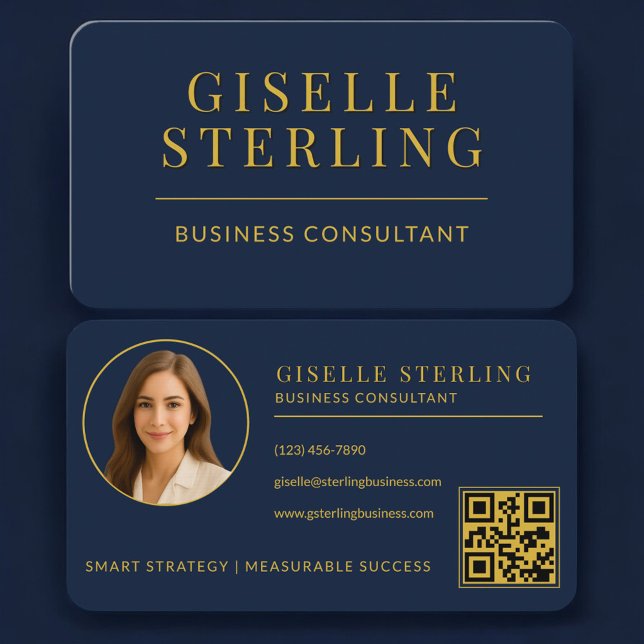 Business Consultant Navy Blue Gold Photo QR Code Visitkort (Skapare uppladdad)
