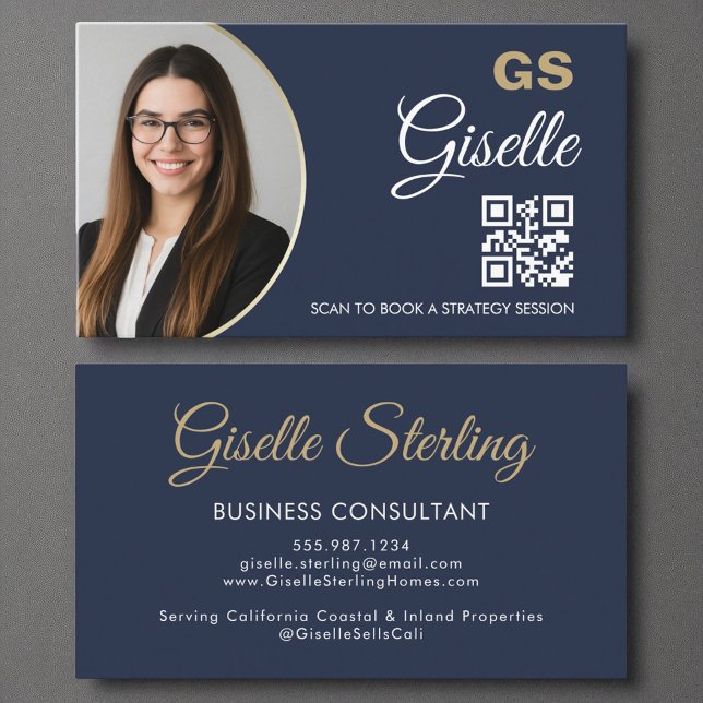 Business Consultant Navy Blue Guld Photo QR-kod Visitkort (Skapare uppladdad)