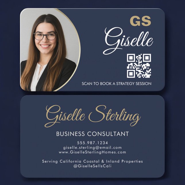 Business Consultant Photo QR Code Navy Blue Gold Visitkort (Skapare uppladdad)