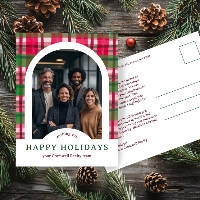 Business Corporate Holiday Plaid CUSTOM Arch PHOTO Vykort (Business Corporate Holiday Plaid CUSTOM Arch PHOTO Postcard
)