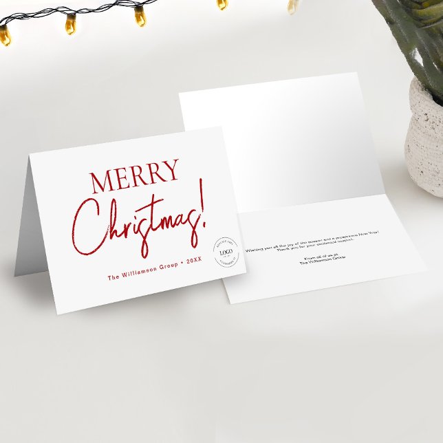 Business Corporate Logotyp RED Script God jul Helgkort (5 x 7 holiday Merry Christmas script Business greeting thank you card with logo and message.)