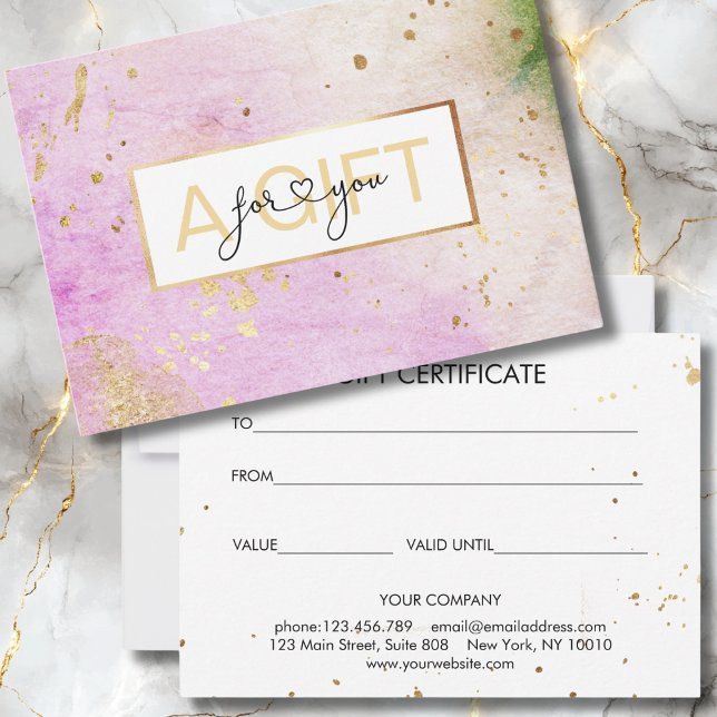 BUSINESS GIFT CERTIFICATE | Modern Watercolour (Modern, Watercolor gift voucher, pink, green, gold (no foil). Just edit it with your name/data. )