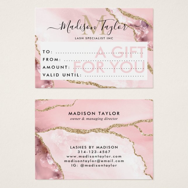 Business Gift Certificate Rosa Guld Glitter Agate Visitkort (Framsida & baksida)