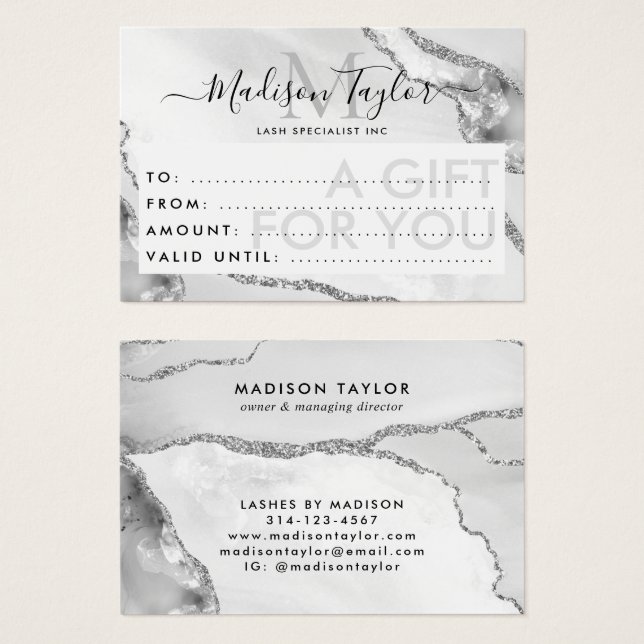 Business Gift Certificate Silver Glitter Agate Visitkort (Framsida & baksida)