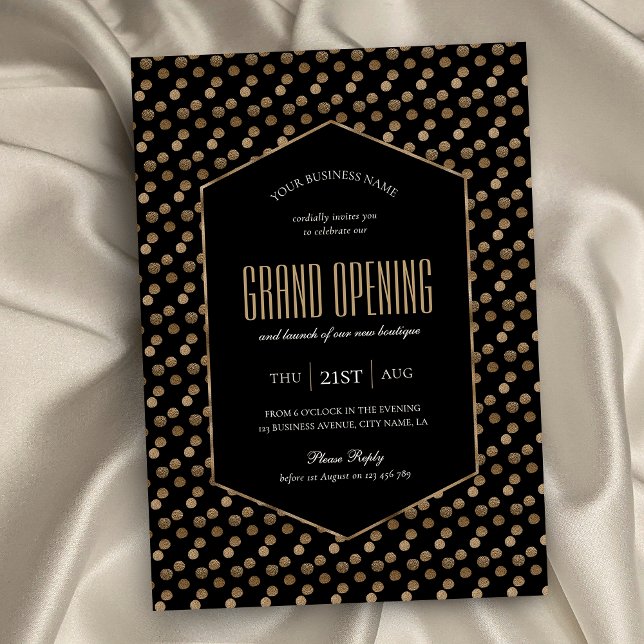 Business Grand Open Chic Black & Gold Glitter Inbjudningar (Black and gold glitter business invitation with elegant fonts, minimal layout and faux gold effects)