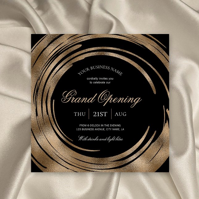 Business Grand Open Chic Black & Gold Glitter Inbjudningar (Professional black and gold glitter business event invitations, perfect for your grand opening party)
