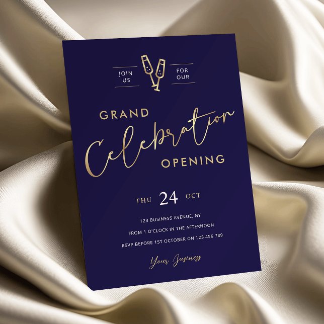 Business Grand Open Chic Navy Blue & Faux Guld Inbjudningar (Elegant navy and faux gold business grand opening invitation)