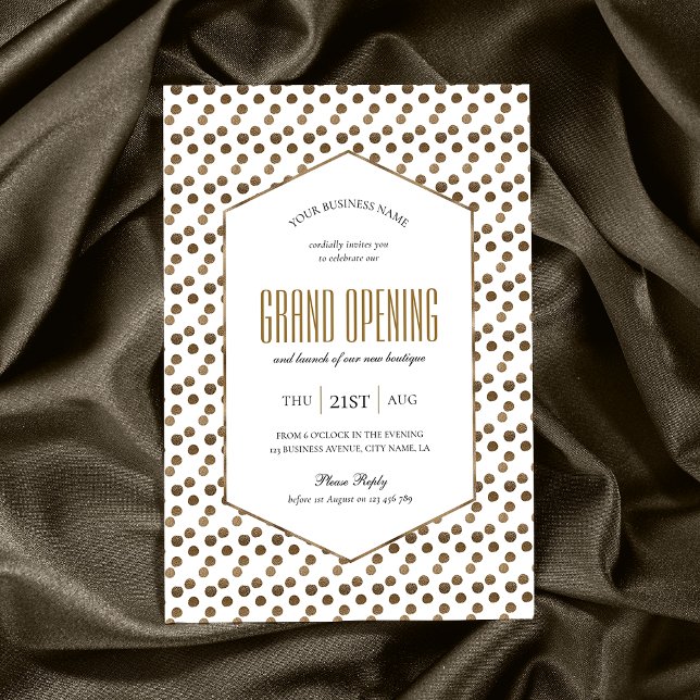 Business Grand Open Elegant Guld Chic Corporate Inbjudningar (Elegant white and gold glitter business event invitation design with hexagon frame and gold effects)