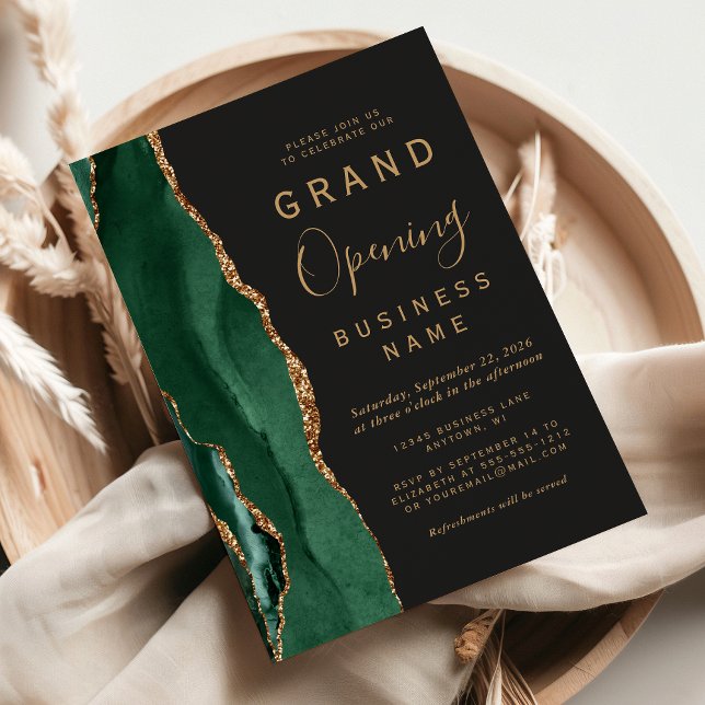 Business Grand Open Emerald Guld Agate Mörk Inbjudningar (Skapare uppladdad)