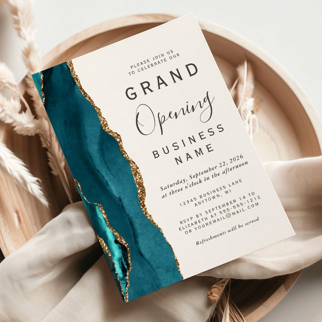 Business Grand Open Teal Guld Agate Inbjudningar (Skapare uppladdad)