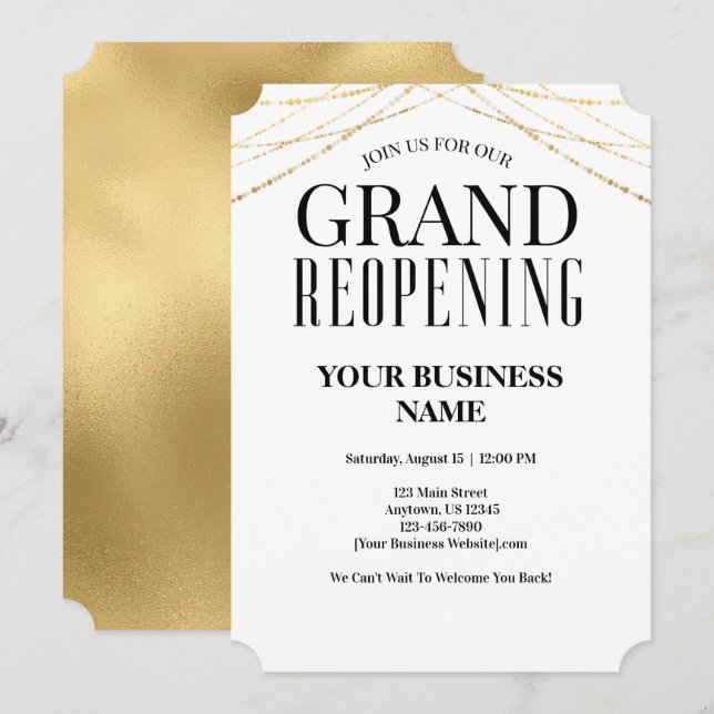 Business Grand Reöppning Faux Guld Inbjudningar (Fram/baksida)