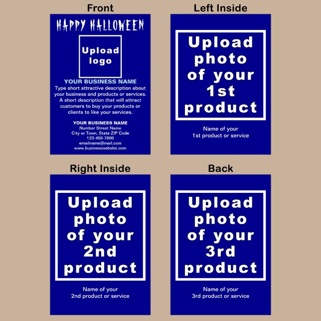 Business Halloween Blue Foleting Card Kort (Blue Halloween folded greeting card with your business brand and products or services.)