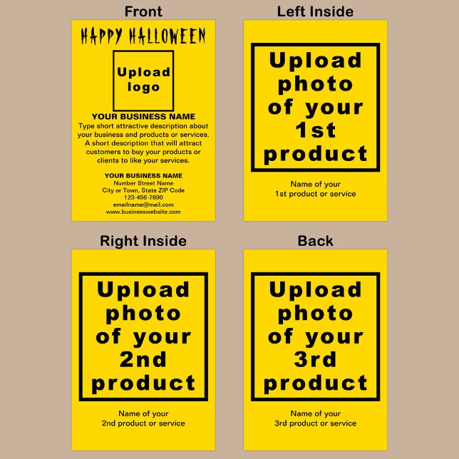 Business Halloween-Gult-mappat gratulationskort Kort (Yellow Halloween folded greeting card with your business brand and products or services.)