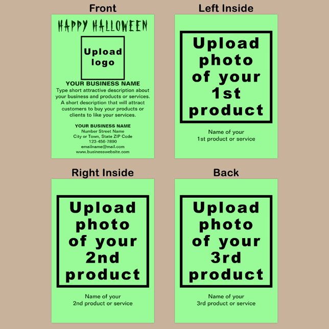 Business Halloween Ljust grönt Foldad Hälsning Kort (Light green Halloween folded greeting card with your business brand and products or services.)