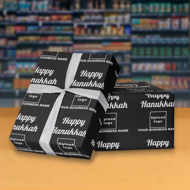 Business Hanukkah Black Wrapping Papper Presentpapper (Hanukkah greeting, business name and logo on black wrapping paper)