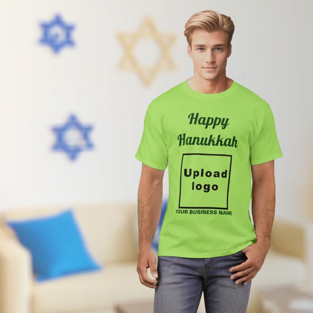 Business Hanukkah Hälsning on Lime Green T-Shirt (Hanukkah greeting, business name and logo on lime green t-shirt)