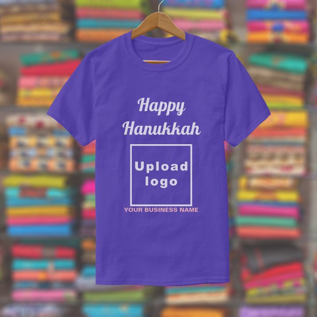 Business Hanukkah Hälsning på Lila T-Shirt (Hanukkah greeting, business name and logo on purple t-shirt)