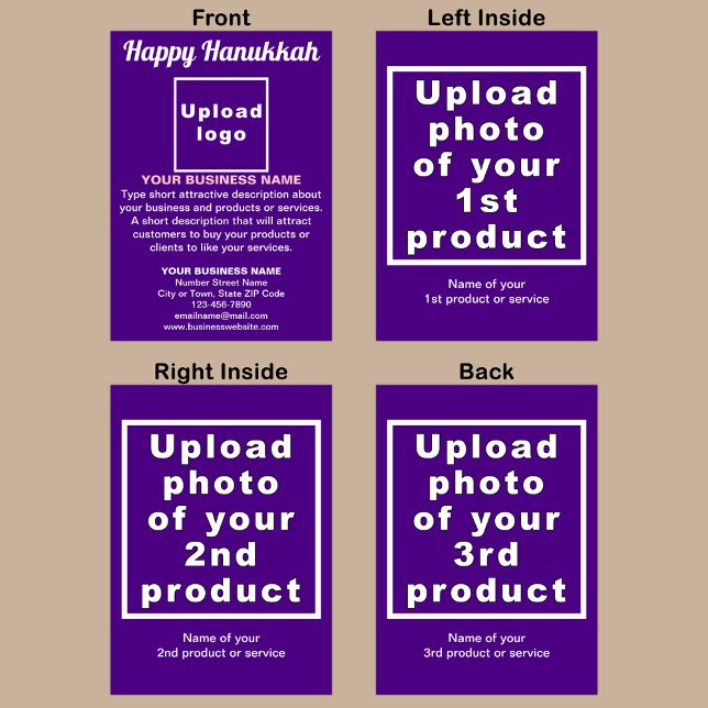 Business Hanukkah Lila-mappat Helgdag-kort Helgkort (Purple folded holiday card for Hanukkah with your business brand and products or services.)