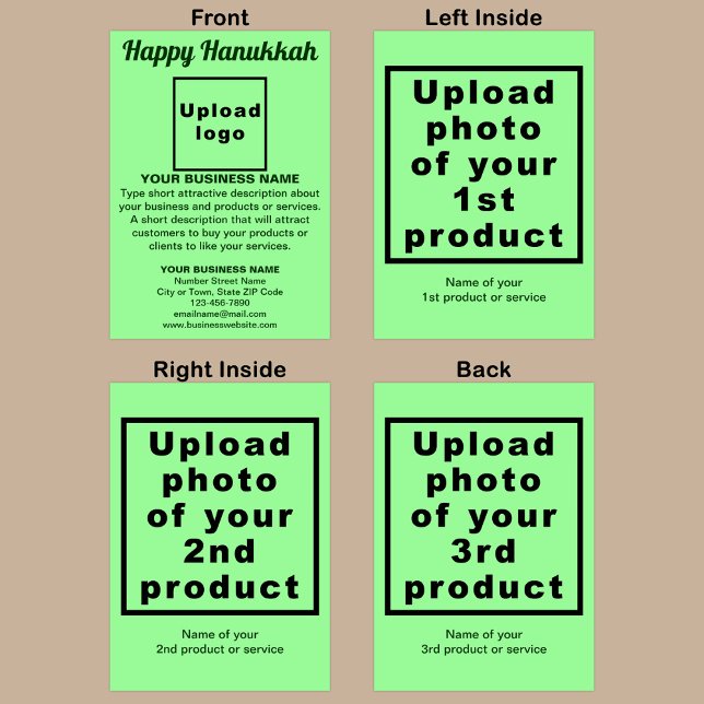 Business Hanukkah Ljust grönt mappat Helgdag-kort Helgkort (Light green folded holiday card for Hanukkah with your business brand and products or services.)