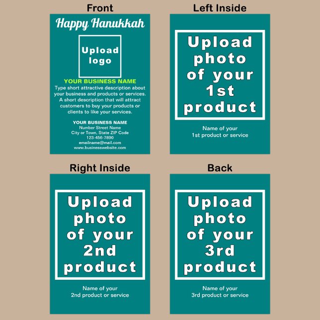 Business Hanukkah Teal Grönt-mappat gratulationsko Kort (Teal green Hanukkah folded greeting card with your business brand and products or services.)