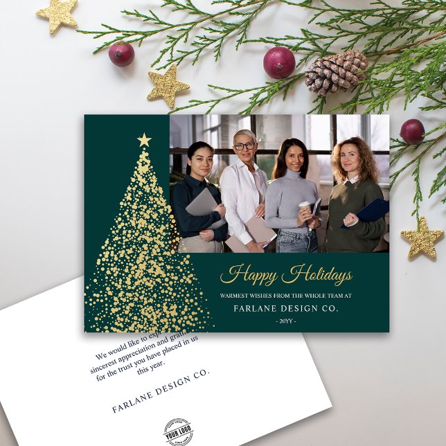 Business Helgdag Card för Photo Guld Julgran Inbjudningar (Custom Photo Gold Christmas Tree Business Holiday Card)