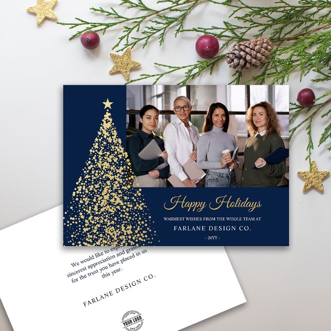 Business Helgdag Card för Photo Guld Julgran Inbjudningar (Photo Gold Christmas Tree Business Holiday Card)