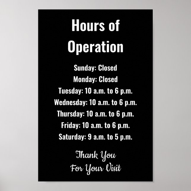 Business Hours of Operation Black & White Template Poster (Framsidan)