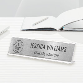 Business Logo Employee Elegant Faux Brushed Silver
