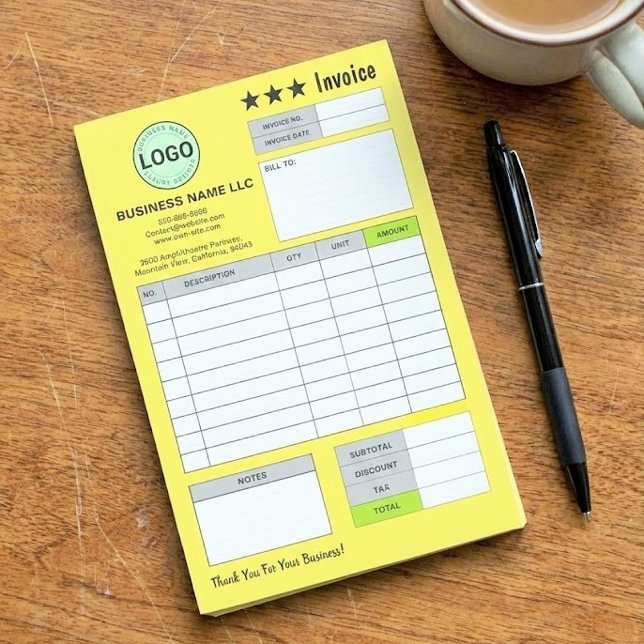 Business Logo Invoice Receipts | Custom Yellow Pad Post-it Block (yellow bill pad, personalized invoice post-it notes, business logo sticky notes)