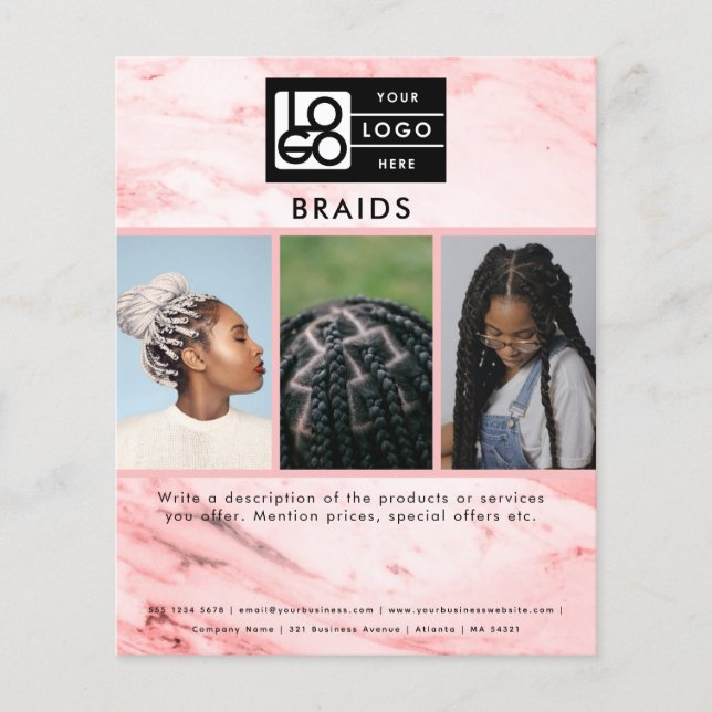 Business Logo Pink Marble Braids Hair 3 Photos  Flygblad (Framsidan)