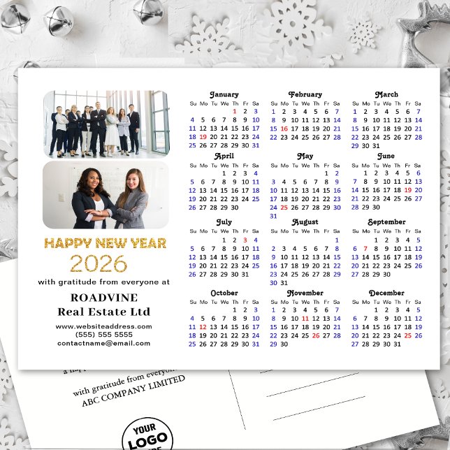 Business Logotyp 2026 Calendar Modern Guld Glitter Helg Vykort (Skapare uppladdad)