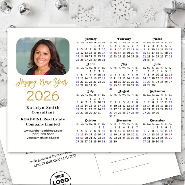 Business Logotyp 2026 Calendar Modern Guld Glitter Helg Vykort (Skapare uppladdad)