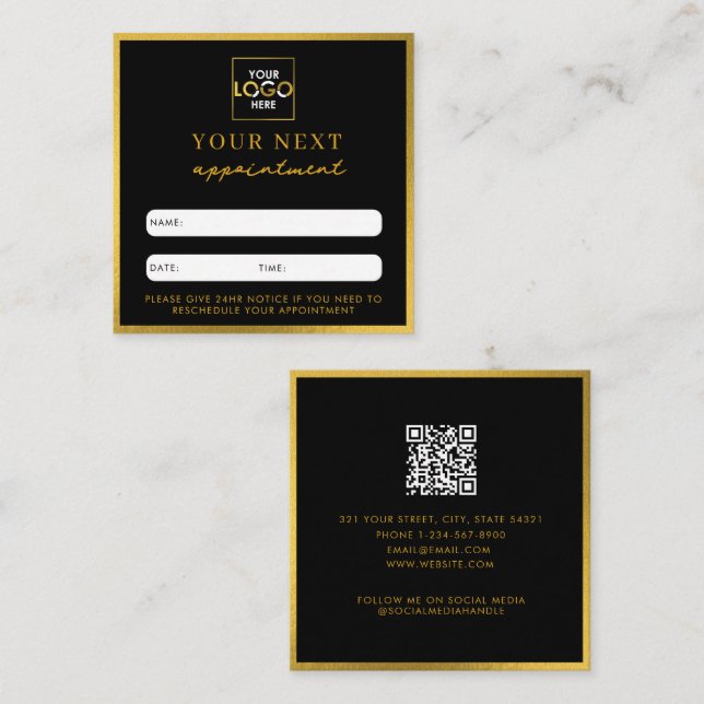 Business Logotyp Beauty Appointon Card Black Guld Fyrkantigt Visitkort (Fram/baksida)