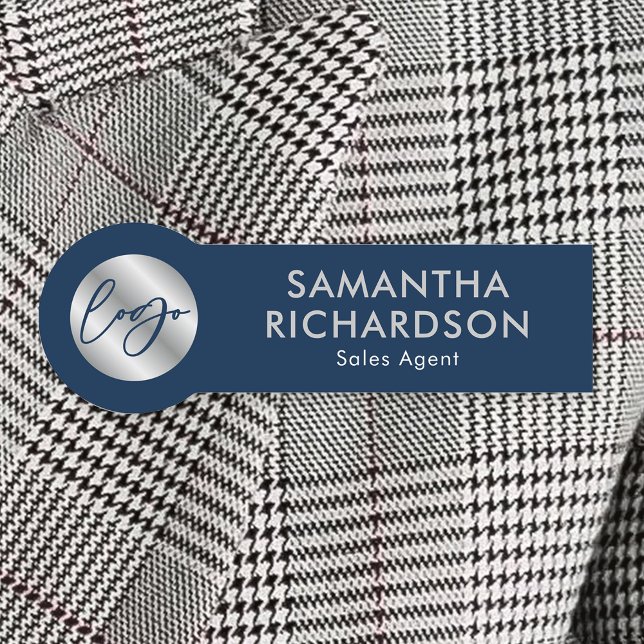 Business Logotyp Corporate Navy & Silver Employee Namnbricka (Modern navy blue business employee name tags with custom text and your logo)