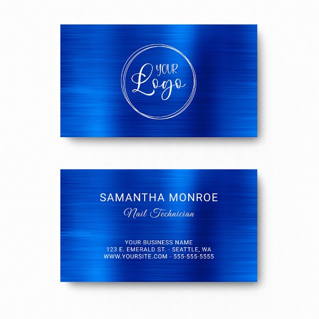 Business Logotyp Faux Royal Blue Ombre Foil Visitkort (Business Logo Faux Royal Blue Ombre Foil Business Card)