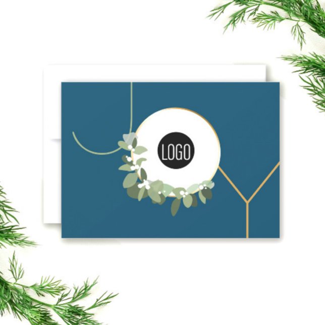 Business Logotyp Glad helg Blue Joy Julkort (Blue Modern wreath custom logo JOY corporate cards.)