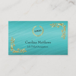 Business Logotyp Gold Foil Blommigt Corner Teal Visitkort