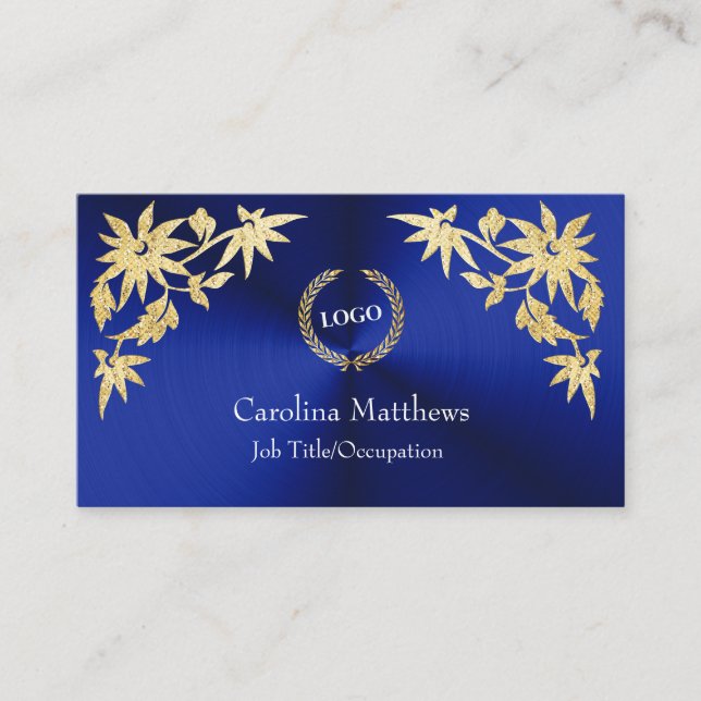 Business Logotyp Gold Foil Flower Corner Blue Visitkort (Framsida)